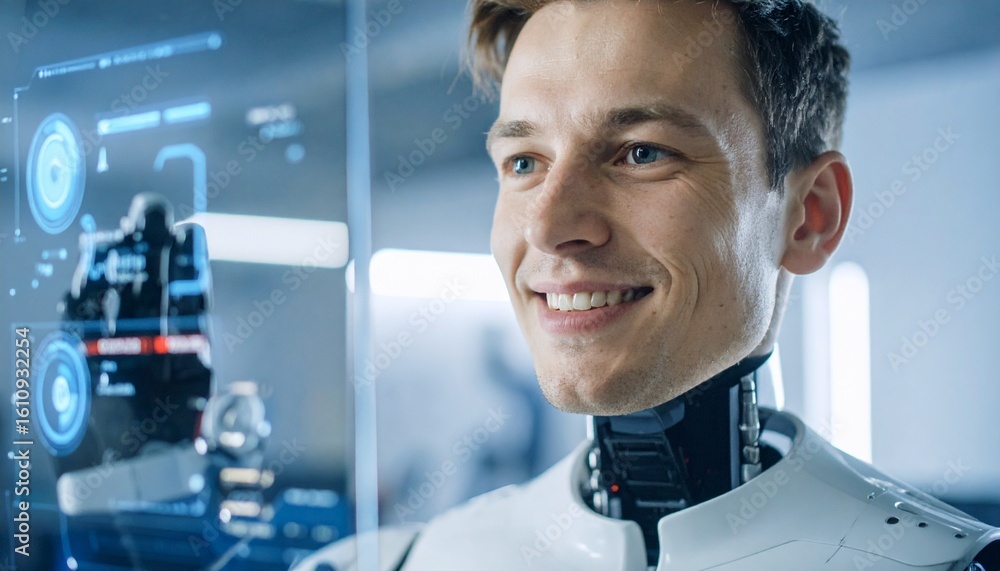 Poster a man interacts with a futuristic robotic device, blending human interaction and technology