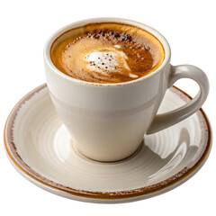 Fototapeta premium Hot coffee drinks, including cappuccino and milky coffee, in various cups on saucers