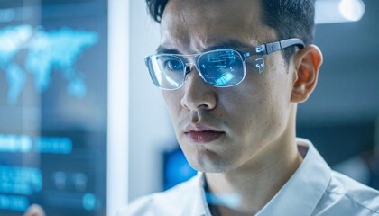 A man wearing futuristic glasses examines a screen in a high-tech laboratory setting. The scene conveys intense concentration and technological innovation.