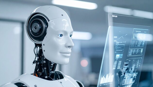 A close-up shot of an advanced humanoid robot interacting with a holographic interface