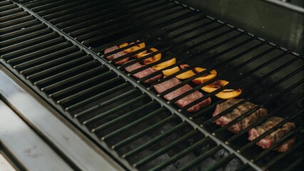 Slices of steak and peaches are cooking on a grill, showing different levels of doneness.