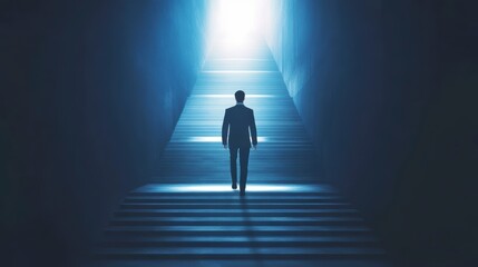 Businessman walking up illuminated stairs towards bright light, symbolizing success and future.