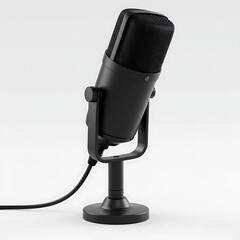 "Black USB Podcast Microphone on Stand Isolated on White Background"