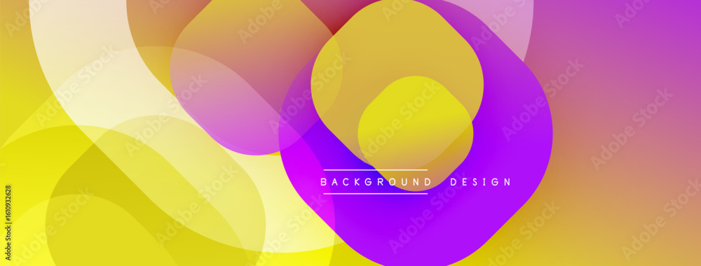 Poster abstract background features overlapping colorful shapes. yellows, purples, whites create dynamic vi