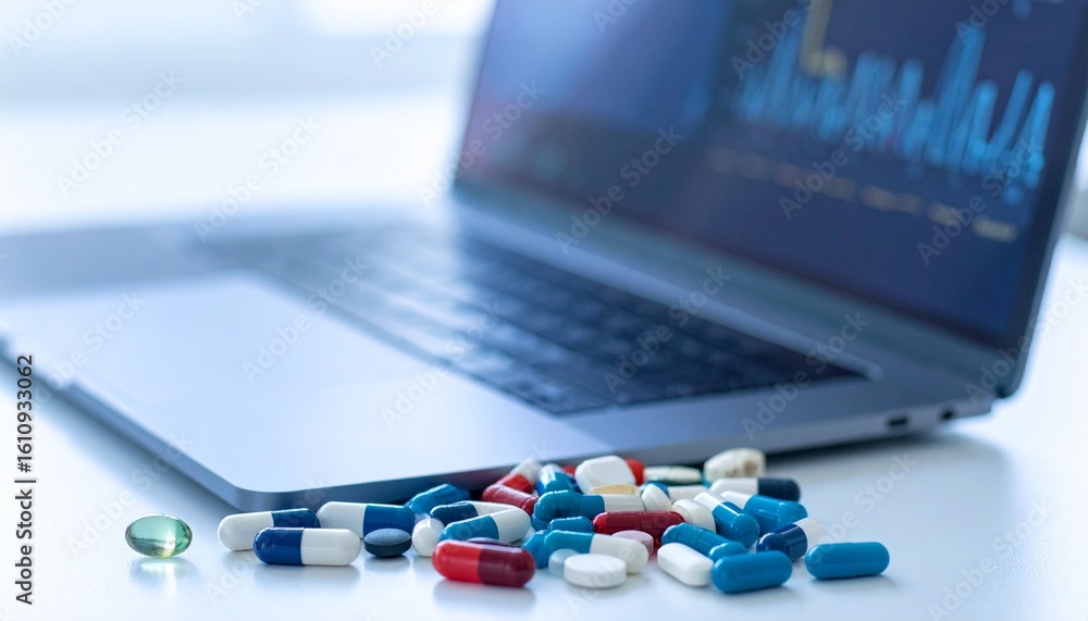 Poster pills and computer analysis. a laptop displaying financial data with various pills scattered in fron