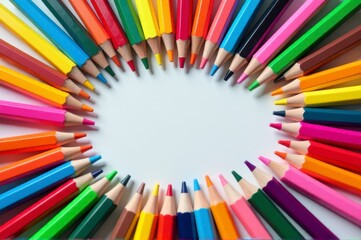 A colorful circle of sharpened colored pencils forming a heart shape in the center. Flat Lay