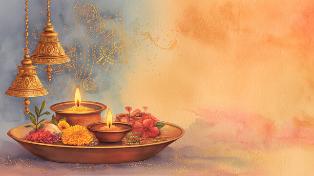 banner gradasi copy space Anant Chaturdashi, sacred household altar decorated with thread of Ananta, turmeric, rice, and flowers placed on a copper thali, diya flames glowing gently