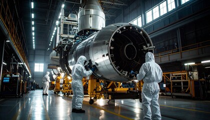 Engineers in protective suits are working on a massive engine in a well-lit factory. The scene gives a sense of precision and technical expertise
