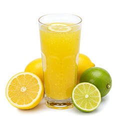 "Refreshing Lemon Lime Juice with Citrus Fruits on White Background"