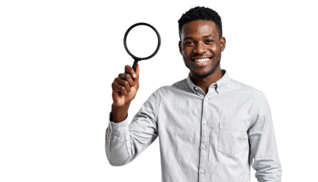 Man looking at red graph through a magnifying glass. Modern collage style isolated on solid white background in png