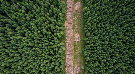 Aerial View of Dense Green Forest with Logs Stacked Along Pathway in Natural Environment