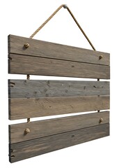 "Rustic Wooden Hanging Signboard with Rope on White Background"