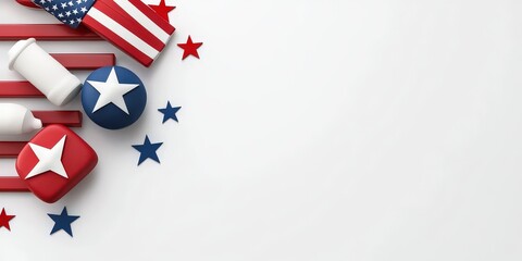Patriotic arrangement featu the American flag, stars, and stripes creates a festive and celebratory design on a clean, white backdrop, ideal for holidays.