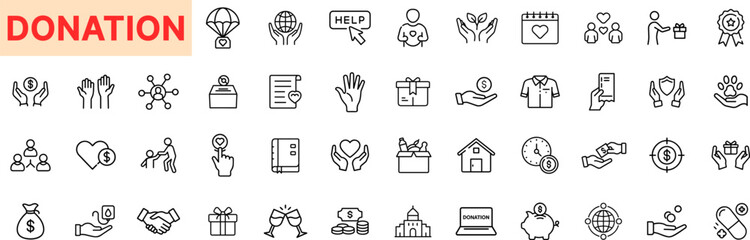 Donation Outline Icon Set Featuring Helping Hand, Heart, Gift Box, Money Coin, Clothing Donation, Piggy Bank, House Shelter, Online Support, Globe, and Blood Drop Elements Icon Design