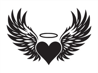 Obraz premium Angel Wings Heart with Halo - Black and White Vector Line Art Illustration