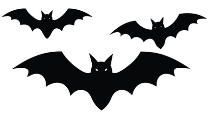 Fototapeta premium A spooky group of three black bat silhouettes with glowing white eyes, flying together against an isolated white background. A classic Halloween illustration.