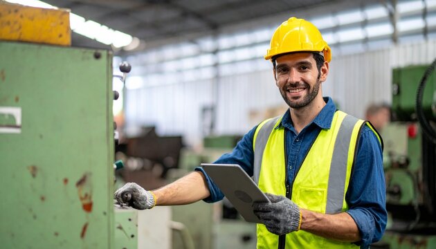 A skilled worker operates machinery in a modern factory, focusing on quality control. The worker wears a yellow safety helmet and high-visibility vest and uses tablet for inspections