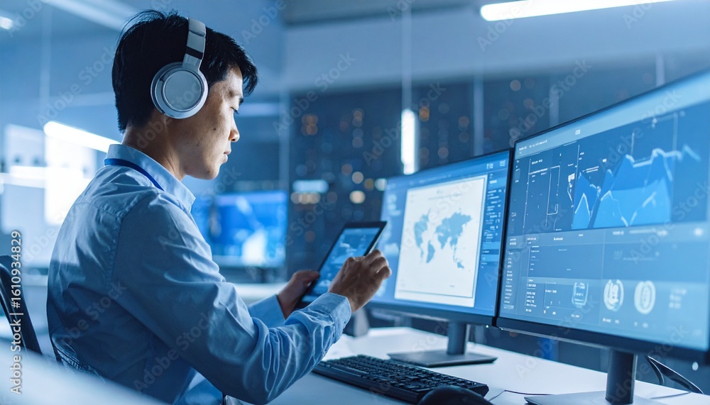 Poster a person working on multiple computer screens while wearing headphones