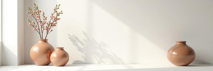 Modern minimalist interior  Brown ceramic vase & sculptures on white wall  Copy space , room, brown, template