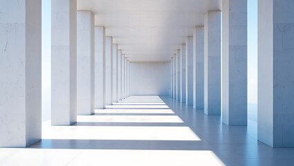 Fototapeta premium White colonnade with sunlit floor and shadows architecture sunlight
