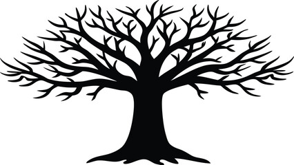 Obraz premium A minimalist black silhouette of a sprawling, leafless winter tree with intricate branches. This graphic icon symbolizes nature, life cycles, and genealogy on a clean white background.