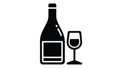 A simple black glyph icon of a wine bottle and a filled wine glass, representing an alcoholic beverage and wineries. This vector graphic is perfect for menus, bar signs, or tasting event promotions.