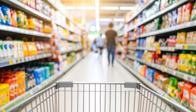 An empty shopping cart in front of a bright supermarket aisle with people shopping