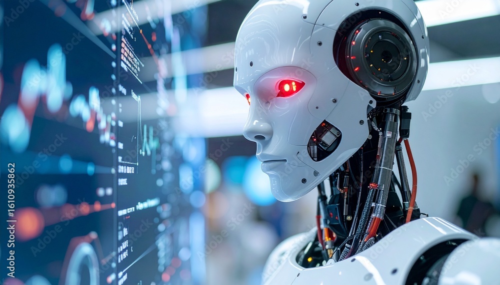 Poster a close-up shot of a futuristic robot observing a technological display, suggesting advanced ai capa