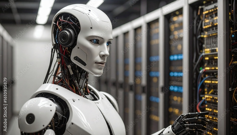 Poster a modern robot examining a server, embodying technological innovation and artificial intelligence