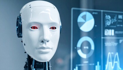 A close-up shot of an artificial intelligence robot face. The robot has a smooth, white head, red eyes and is positioned next to an interactive screen with graphs.