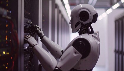 A futuristic robot working on a server rack in a data center, highlighting the blend of technology and automation