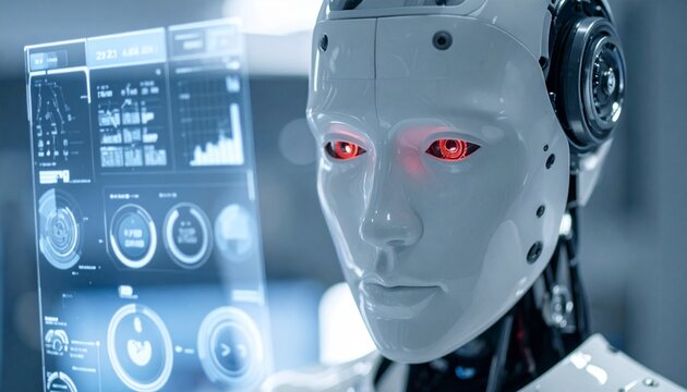 Futuristic robot analyzing data on a transparent screen. The robot has a metallic finish and glowing eyes.