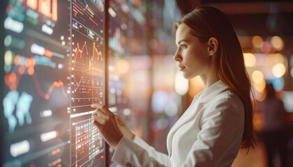 A focused woman analyzing financial data displayed on a large digital screen. She is wearing a white suit and looks serious and professional.