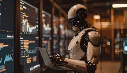 Fototapeta premium A futuristic robot working on a laptop, surrounded by multiple monitors displaying data and code