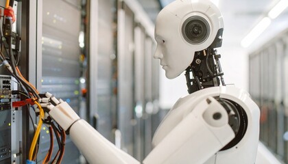A robot is working on computer servers