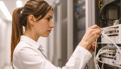 A focused woman working diligently with server cables in a data center, showcasing technological expertise