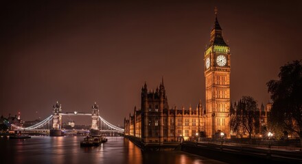 Fototapeta premium London's Luminous Icons: Westminster and Tower Bridge on a Hazy Night