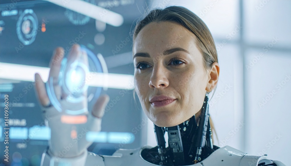 Poster an advanced female robot is interacting with the holographic interface in a high-tech lab, demonstra