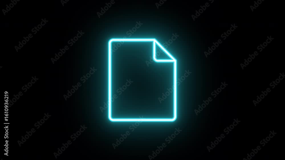 Poster neon document icon animation, uniform rotation with color blink. glowing neon 3d data file icon, loo