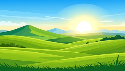 Obraz premium Sunny landscape of rolling green hills and distant mountains at sunrise