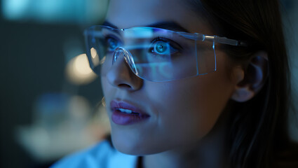 Woman wearing protective glasses reflecting digital information reflection