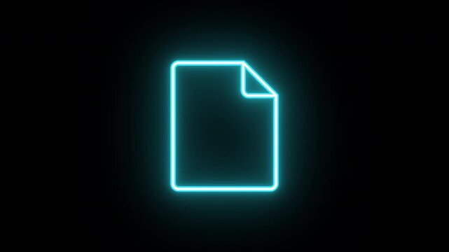 Neon document icon animation, uniform rotation with color blink. Glowing neon 3D data file icon, looped spin with blink. Agreement page, contract document, report file, digital certificate. 4 colors