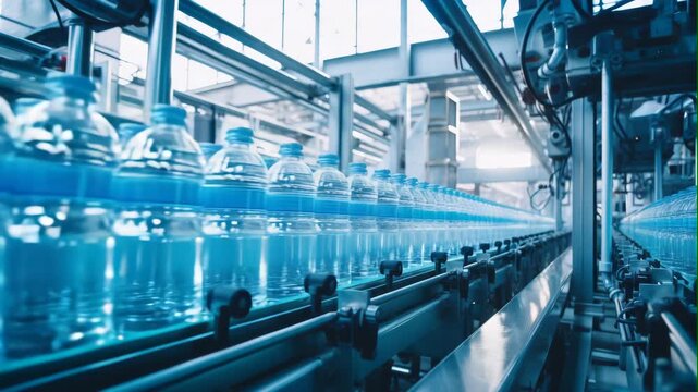 Automated Bottled Water Production Line in Factory
