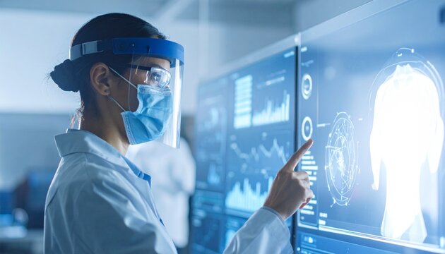 A focused scientist is analyzing data on futuristic interactive displays. She is wearing a protective mask and face shield.