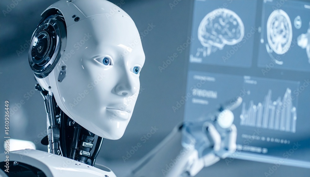 Aufkleber an advanced ai robot interacting with futuristic digital interfaces, showcasing technology's potenti