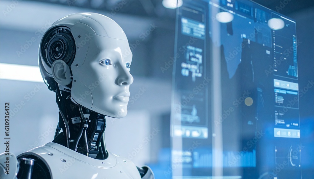Poster an advanced robot with futuristic technology and data screens, showcasing cutting-edge advancements 