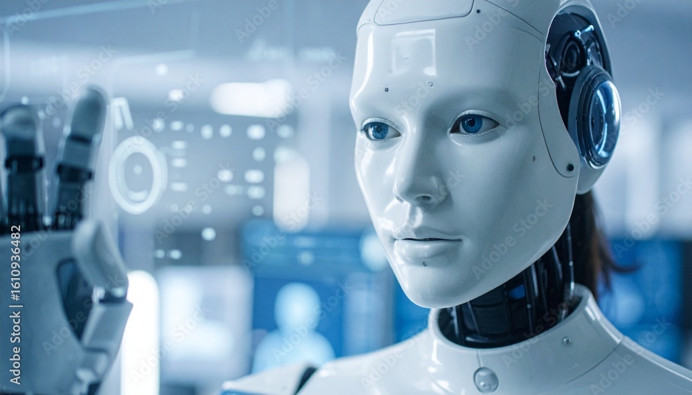 Poster a futuristic robot with human-like features, interacting with a holographic display. the robot's des