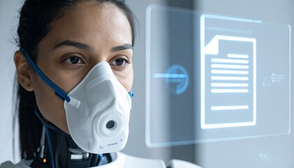 A woman wearing a face mask interacting with a futuristic digital interface, showcasing the integration of technology in healthcare.