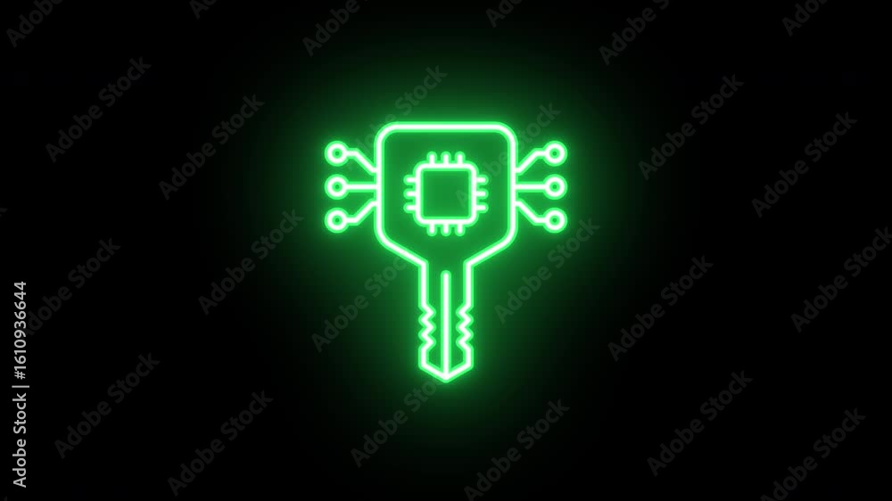 Poster neon digital key icon, uniform rotation with color blink. glowing neon 3d protection key icon, loope