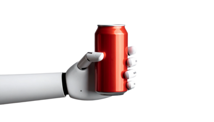 An artificial hand holding a red beverage can, with a stark contrast between technology and a refreshing drink